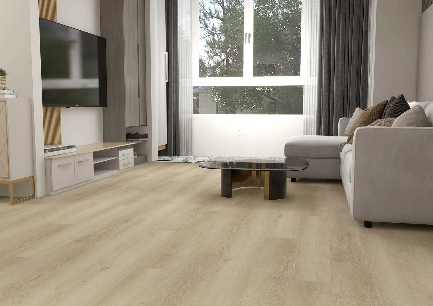 Modern living room with light wood flooring and neutral furniture.