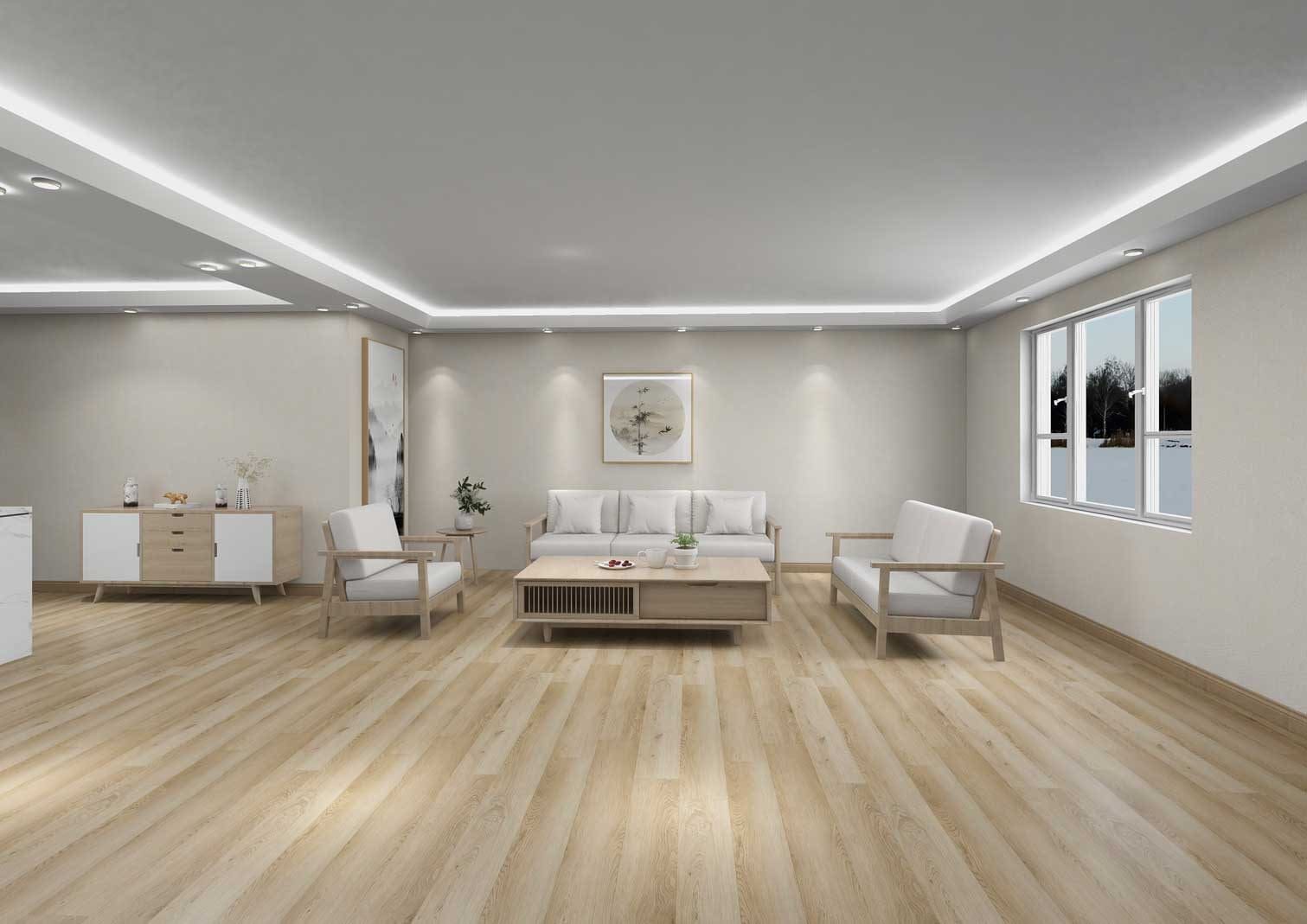 Modern living room with neutral tones and minimalist design.