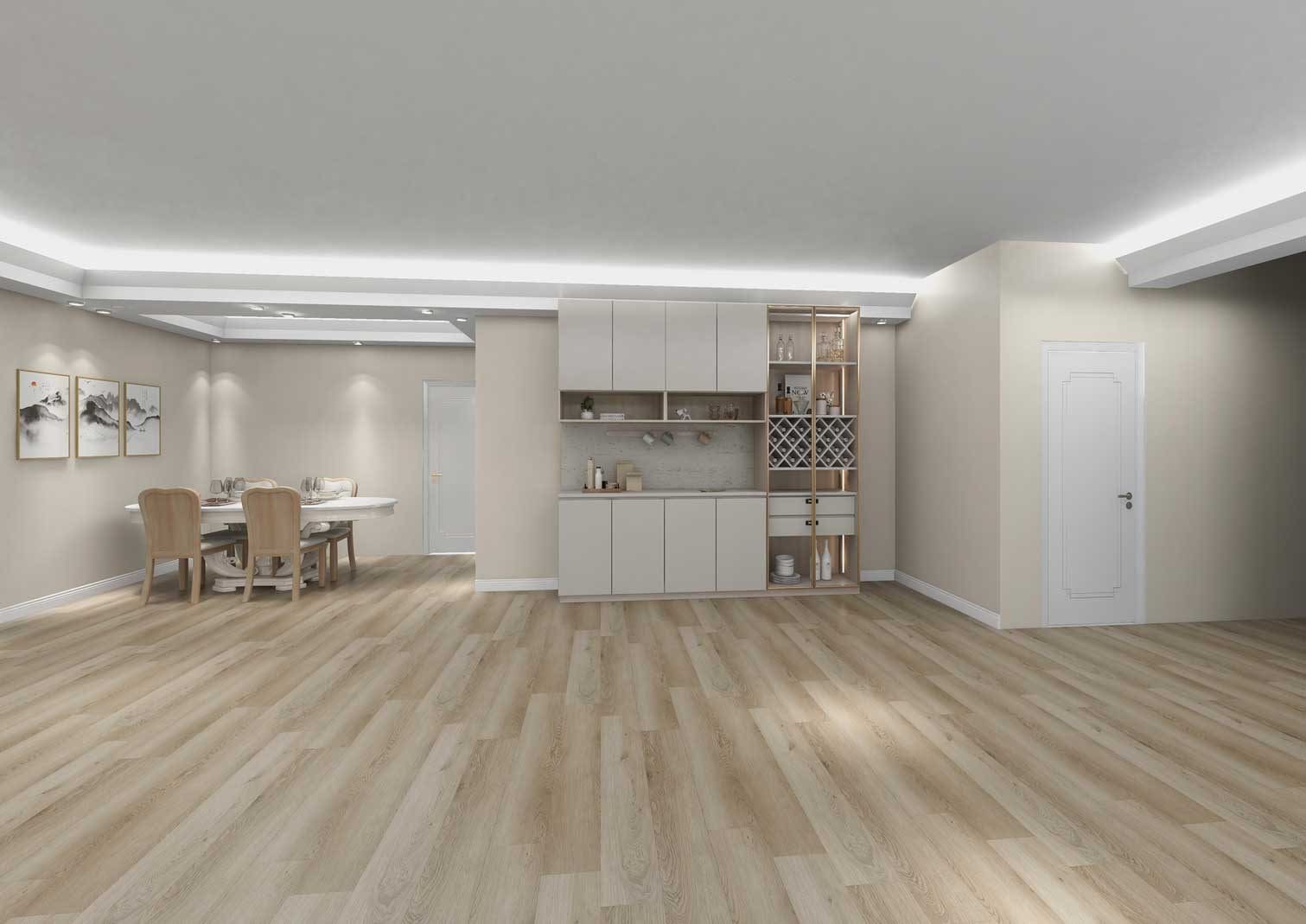Modern open-concept kitchen and dining area with light wood flooring and neutral tones.