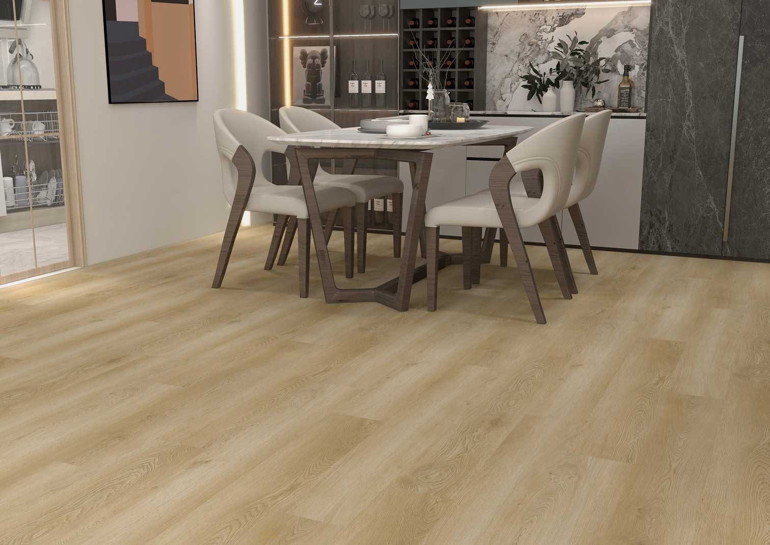 Modern dining room with light wood flooring and stylish chairs.