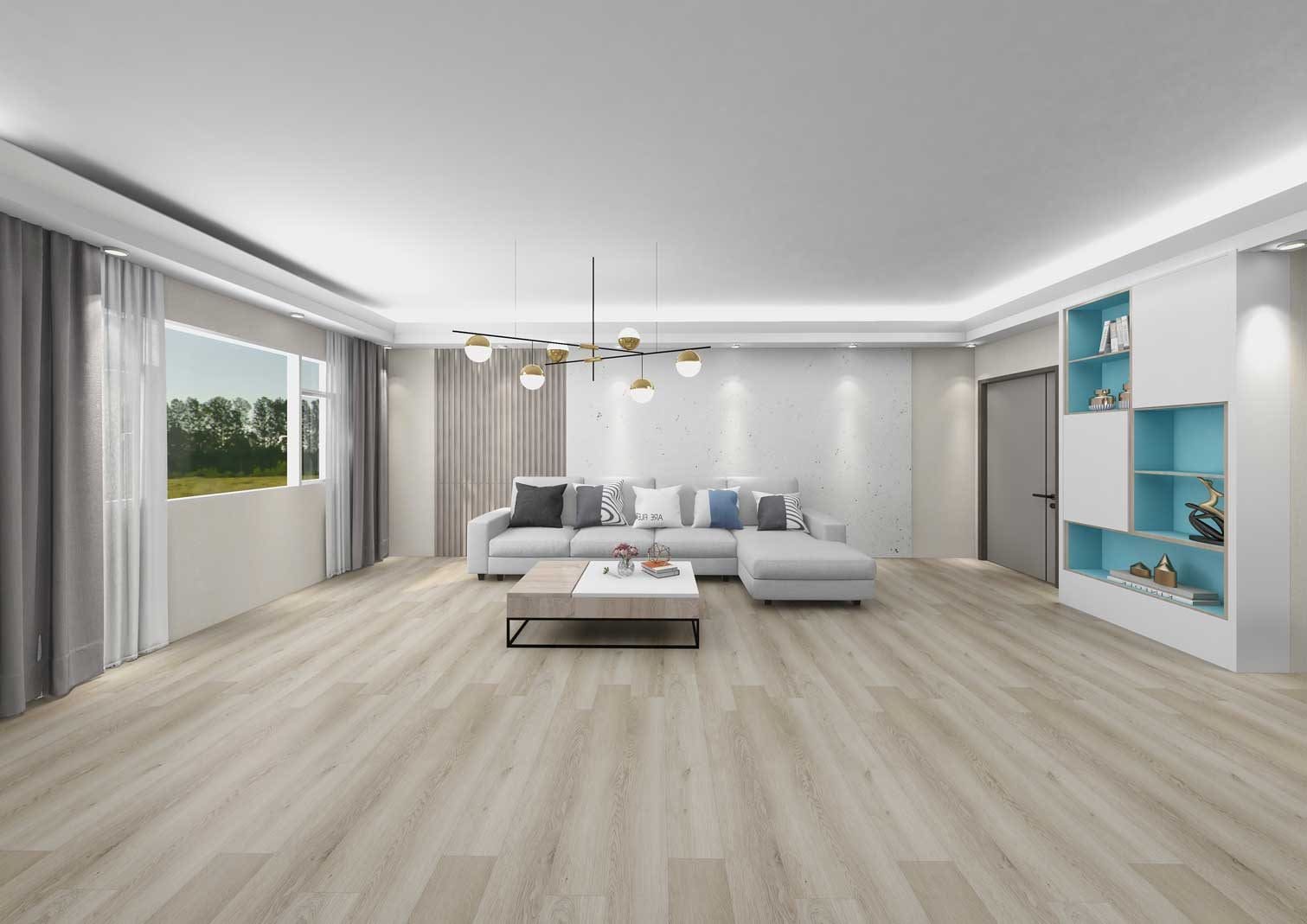 Modern living room with light wood flooring and a white sectional sofa.